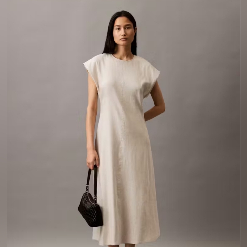 New Calvin Klein Linen Stretch Elegant Cream Midi Dress Small